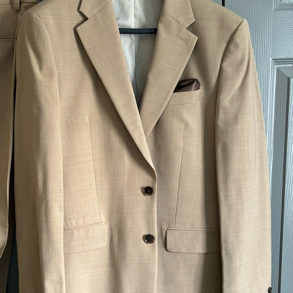 Express Tan Blazer with Dark Brown Pocket Square
